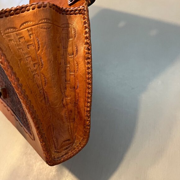 Vintage Tooled Cut Out Leather Handbag Purse Brown Green - Picture 10 of 15